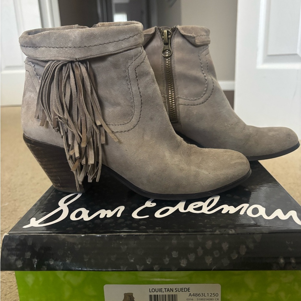 Sam Edelman Taupe Suede Fringe Ankle Booties
